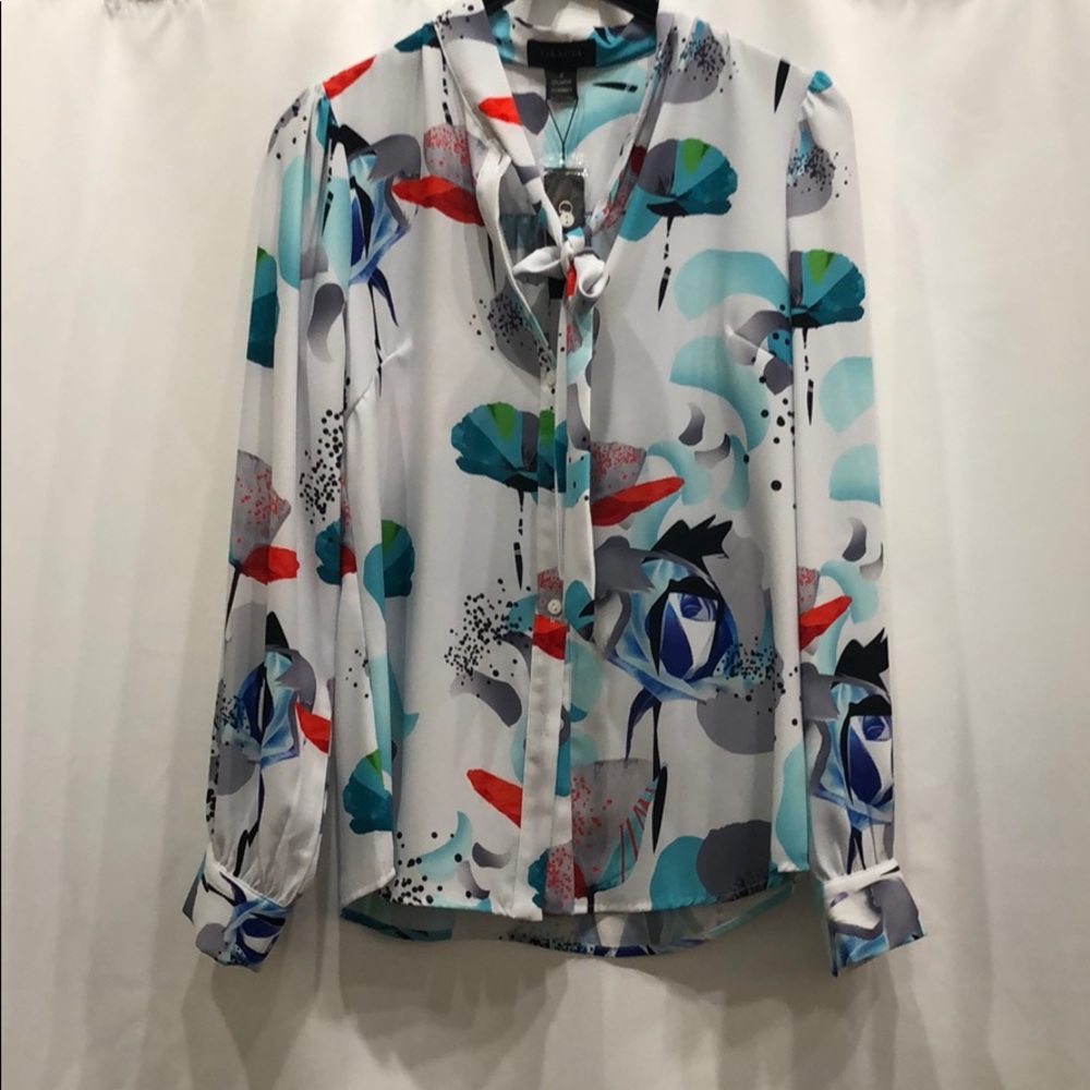 Blue tie front blouse